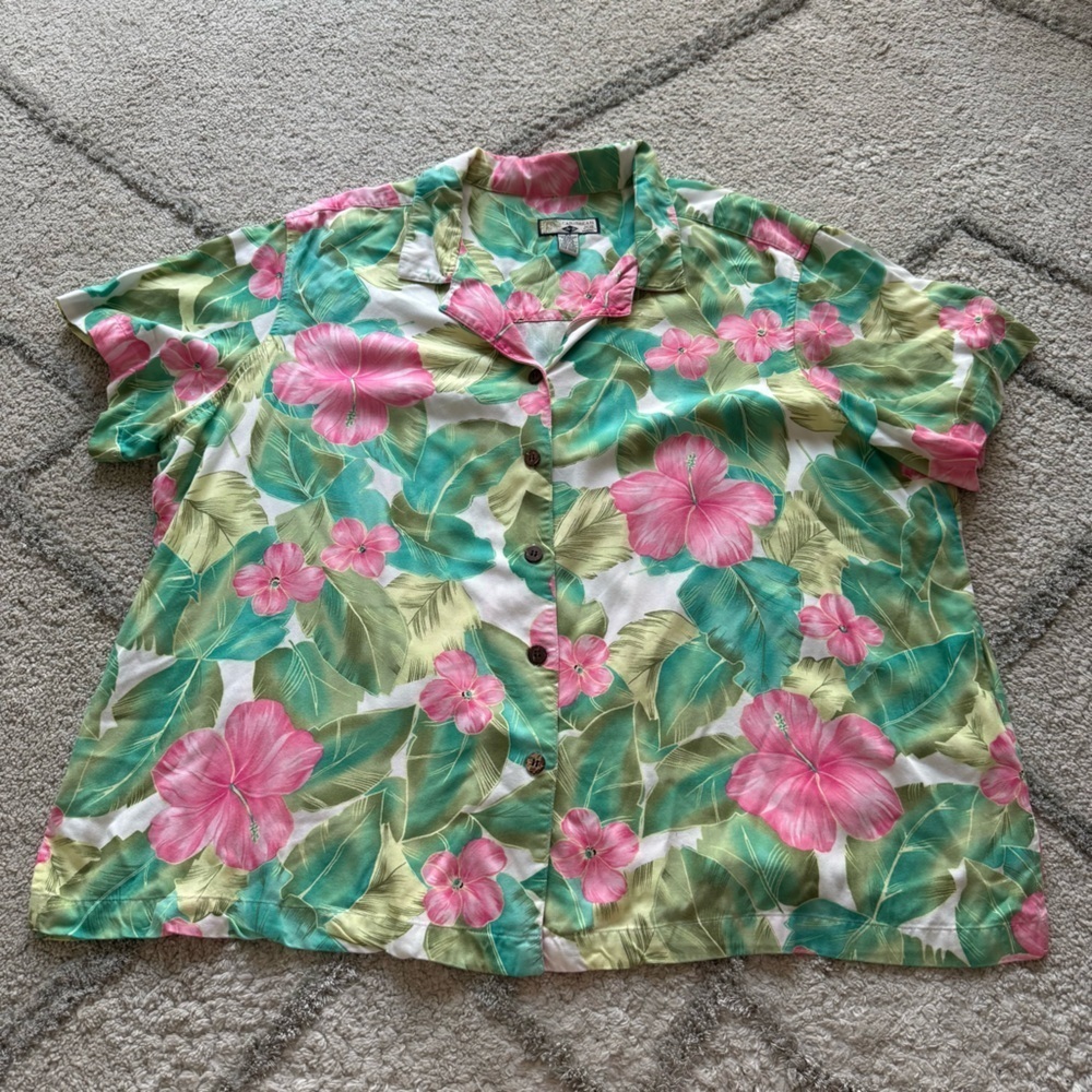 Caribbean Joe floral Hawaiian button front shirt palm tree cream  pink green 3X